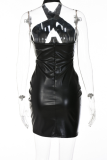 Black Sexy Solid Patchwork Halter Pencil Skirt Dresses