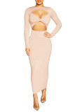 Khaki Fashion Sexy Solid Hollowed Out Sheath Dresses