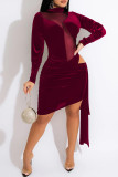 Blue Fashion Sexy Patchwork Solid Hollowed Out See-through Turtleneck Long Sleeve Dresses