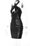 Black Sexy Solid Patchwork Halter Pencil Skirt Dresses