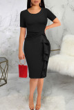 Black Casual Solid Split Joint Flounce O Neck One Step Skirt Dresses