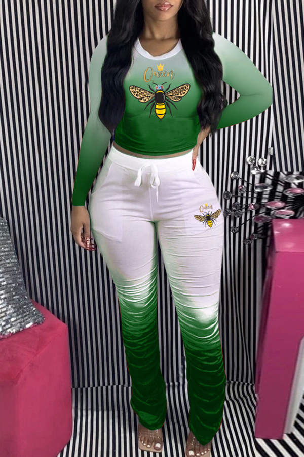 Green Fashion Casual Gradual Change Print Fold O Neck Long Sleeve Two Pieces