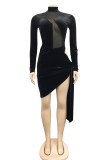 Blue Fashion Sexy Patchwork Solid Hollowed Out See-through Turtleneck Long Sleeve Dresses