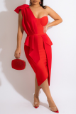 Red Sexy Solid Flounce One Shoulder Irregular Dress Dresses