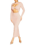 Khaki Fashion Sexy Solid Hollowed Out Sheath Dresses
