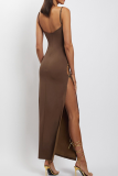 Coffee Sexy Solid Slit Spaghetti Strap Pencil Skirt Dresses