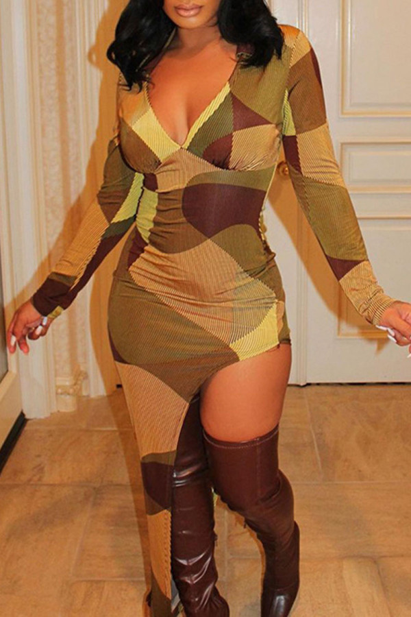 Multicolor Fashion Sexy Print Asymmetrical V Neck Long Sleeve Dresses
