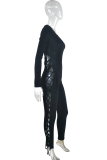 Black Sexy Solid See-through O Neck Skinny Jumpsuits