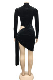 Blue Fashion Sexy Patchwork Solid Hollowed Out See-through Turtleneck Long Sleeve Dresses