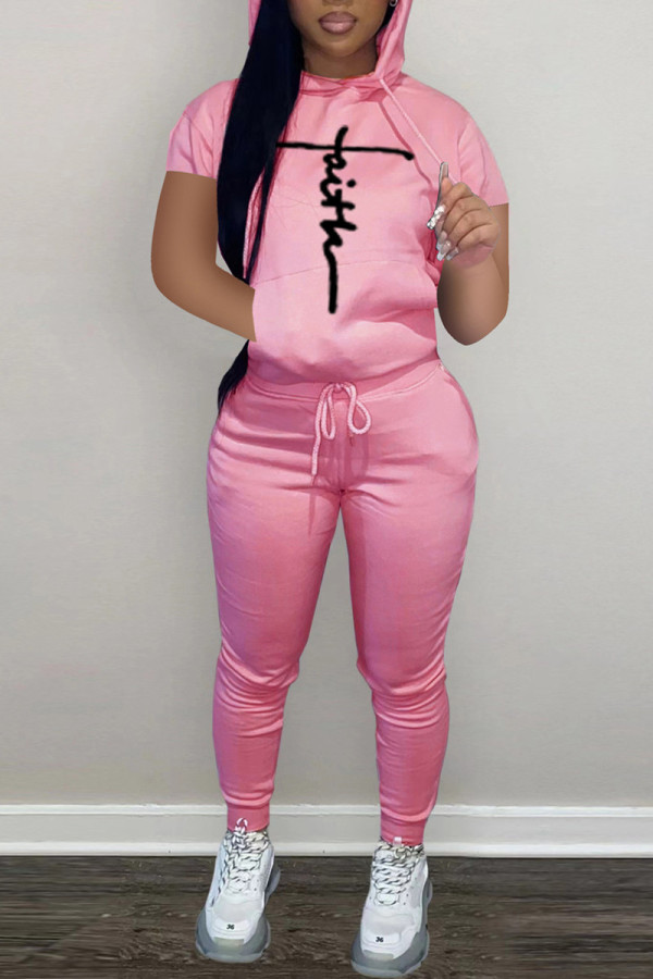 Pink Fashion Casual Print Basic Hooded Collar Long Sleeve Two Pieces