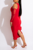 Red Casual Solid Split Joint Slit O Neck One Step Skirt Dresses