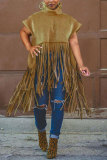 Camel Fashion Vintage Solid Tassel Turtleneck Tops