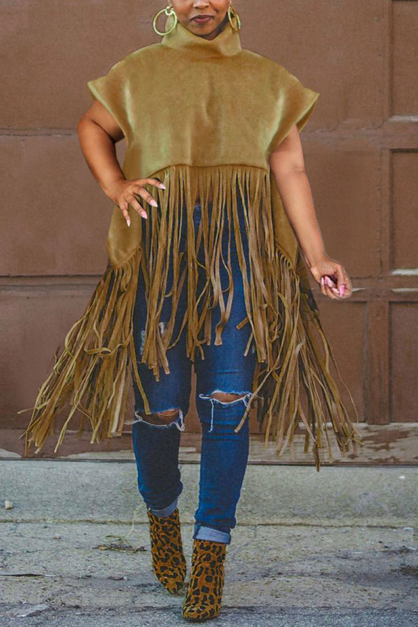 Camel Fashion Vintage Solid Tassel Turtleneck Tops
