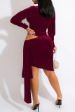 Blue Fashion Sexy Patchwork Solid Hollowed Out See-through Turtleneck Long Sleeve Dresses