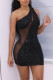 Black Fashion Sexy Patchwork Sequins See-through One Shoulder Sleeveless Dress