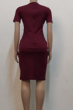 Burgundy Casual Solid Split Joint Flounce O Neck One Step Skirt Dresses