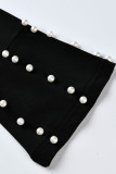 Black Casual Solid Patchwork Beading Turtleneck Tops
