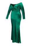 Green Sexy Plus Size Solid Backless Slit Off The Shoulder Long Sleeve Evening Dress