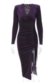 Purple Fashion Sexy Patchwork Slit Bright Silk V Neck Long Sleeve Evening Dress
