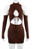 Brown Fashion Sexy Solid Bandage Hollowed Out Half A Turtleneck Long Sleeve Dresses