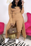Yellow Fashion Casual Bandage U Neck Long Sleeve Two Pieces