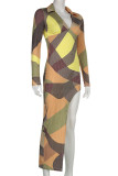 Multicolor Fashion Sexy Print Asymmetrical V Neck Long Sleeve Dresses