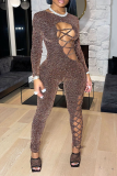 Black Sexy Solid See-through O Neck Skinny Jumpsuits