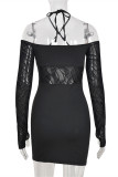 Black Sexy Patchwork Solid Hollowed Out Backless Off the Shoulder Long Sleeve Dresses