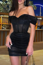 Black Sexy Solid Mesh Off the Shoulder Pencil Skirt Dresses