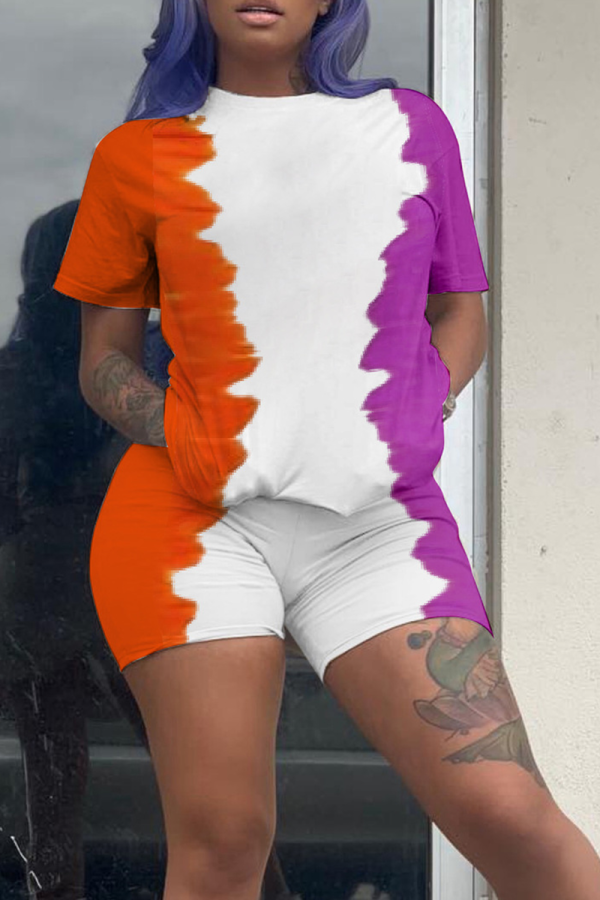 Orange Casual Patchwork Tie-dye O Neck Long Sleeve Two Pieces