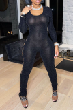 Black Sexy Solid See-through O Neck Skinny Jumpsuits