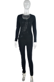 Black Sexy Solid See-through O Neck Skinny Jumpsuits