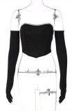 Black Fashion Sexy Solid Patchwork Asymmetrical Strapless Tops