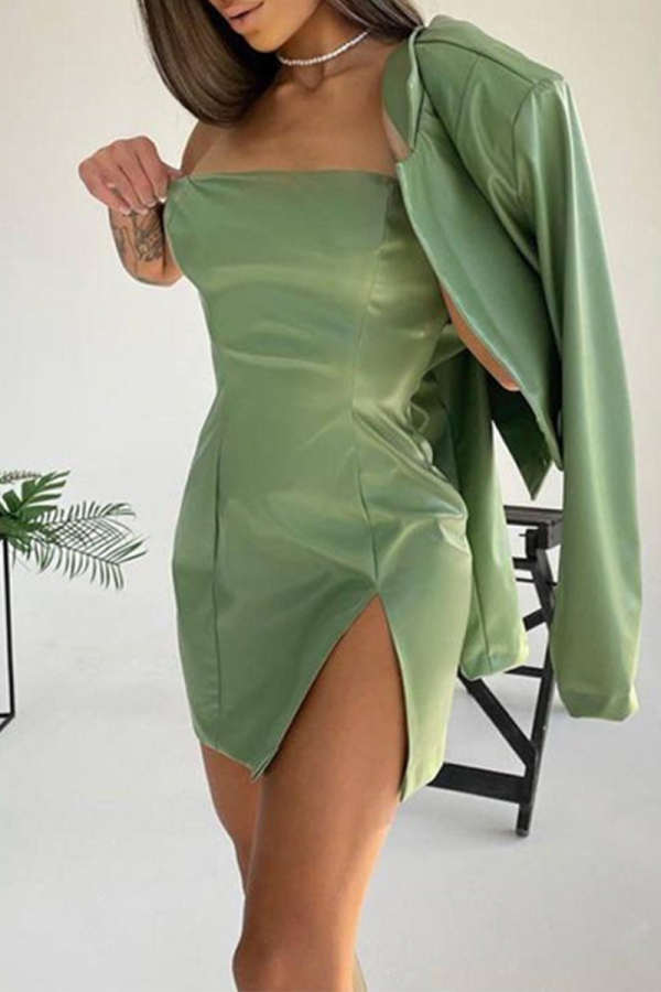 Green Sexy Solid High Opening Strapless Pencil Skirt Dresses