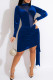 Blue Fashion Sexy Patchwork Solid Hollowed Out See-through Turtleneck Long Sleeve Dresses