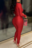 Red Sexy Solid See-through O Neck Skinny Jumpsuits