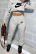 Grey Fashion Sportswear Print Patchwork Hooded Collar Long Sleeve Two Pieces