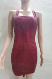 Burgundy Sexy Patchwork Sequins Backless Strap Design Spaghetti Strap Sleeveless Dress