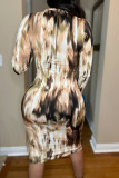 Brown Casual Print Printing O Neck Sheath Dresses