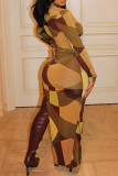 Multicolor Fashion Sexy Print Asymmetrical V Neck Long Sleeve Dresses