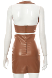 Brown Sexy Solid Patchwork Halter Sleeveless Two Pieces