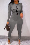 Coffee Fashion Casual Print Basic O Neck Skinny Jumpsuits