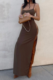 Coffee Sexy Solid Slit Spaghetti Strap Pencil Skirt Dresses