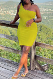Yellow Sexy Casual Solid Backless One Shoulder Sleeveless Dress