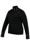 Black Casual Solid Patchwork Beading Turtleneck Tops