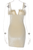 Apricot Sexy Solid Feathers Spaghetti Strap Pencil Skirt Dresses