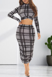 Black Fashion Casual Print Basic Half A Turtleneck Long Sleeve Two Pieces