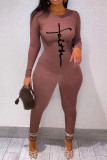 Coffee Fashion Casual Print Basic O Neck Skinny Jumpsuits