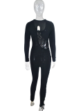 Black Sexy Solid See-through O Neck Skinny Jumpsuits