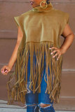 Camel Fashion Vintage Solid Tassel Turtleneck Tops